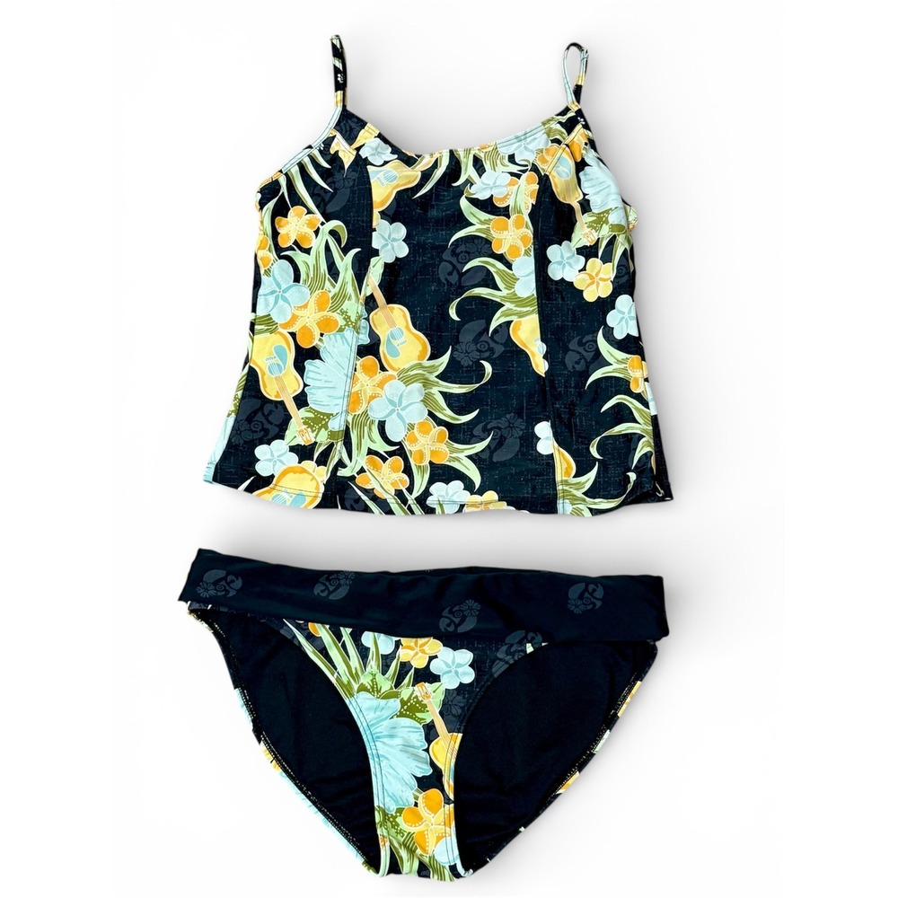 Caribbean Soul Sz-XL Floral Ukulele Print Tankini Swimsuit Black Yellow 2 Piece‎
